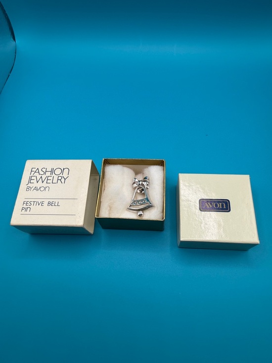 Avon Jewelry - Vintage Avon Silver Tone Festive Bell Pin with Original Box